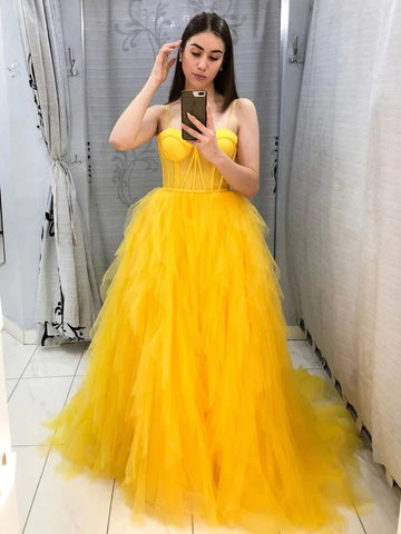 Sweetheart Puffy Yellow Tulle Long See Through Prom Dress