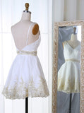 V-Neck Short White Satin Homecoming Dress with Appliques