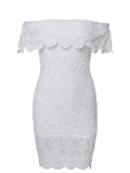White Off The Shoulder Flounce Ruffles Boat Neck Lace Dress