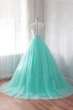 Tulle Buttons Lace Long Green Round Neck Prom Dress