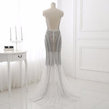 White Cut Out Mesh Illusion Crystal Prom Evening Dress