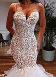 Tulle Spaghetti Straps Champagne Mermaid Wedding Dress With Beadings