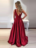 Long V-Back Maroon Satin Lace Prom Dress
