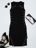 Black Ring Embellished Slit Bodycon Knit Dress