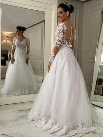 Long Sleeves Tulle Appliques A-Line Wedding Dress