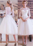 Wonderful Tulle Jewel Neckline Tea-length A-line Wedding Dresses With Lace Appliques