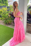 Hot Pink Sweetheart Appliques Tulle Mermaid Prom Dress
