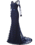 Navy Blue Lace and Tulle V-Neck Mermaid Evening Dress