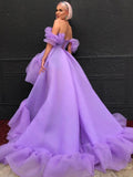High Low Puffy Sleeves Tulle Purple Prom Dress