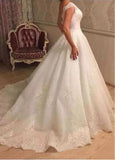 Tulle Lace Appliques V-neck Beading A-line Wedding Dress 