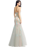 Glamorous Tulle Strapless Neckline Natural Waistline Mermaid Prom Dresses With Lace Appliques
