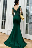 Dark Green Long Sleeve Beading Appliques Mermaid Prom Dress
