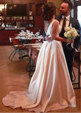 Satin Bateau Bowknot A-line Wedding Dress With Pockets