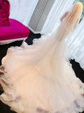 Slim Mermaid Tiered Tulle Bateau Crystal Beading Cathedral Wedding Dress