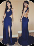Open Back Navy-Blue Mermaid Jewel Prom Dress