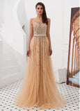  Tulle Jewel Champagne A-line Prom Dresses With Beading