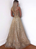 A-Line Gold Backless Tulle Sequins Spaghetti Straps Long Prom Dress