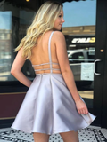 A Line V Neck Backless Silver Gray Short Homecoming Dress