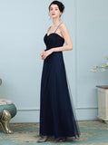 Tulle Spaghetti Straps Navy Blue Prom Dress with Appliques