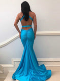 Backless Pleats Blue Mermaid V-neck Elastic Satin Prom Dress