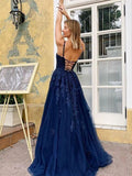A Line V Neck Backless Sexy Navy Blue Lace Long Prom Dress