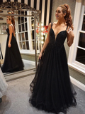 Tulle Double Straps Beading A-Line Black Backless Prom Dress