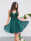 A Line V Neck Short Pink/Green Lace Homecoming Dress