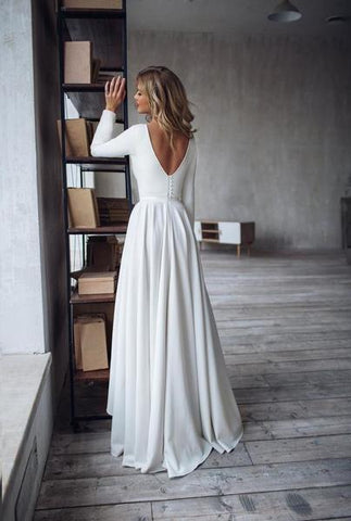 White Satin Hi Lo Long Sleeve Backless Wedding Dress
