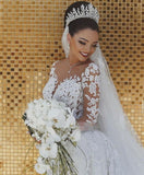 Long Sleeve White Mermaid Tulle Lace Appliques Wedding Dress