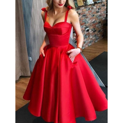 Straps Red Tea-Length Princess Satin Bowknot Homecoming Dress
