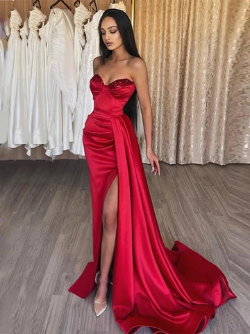 Ruched Sweetheart Red Satin Mermaid Prom Dress