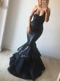 Sexy Black Sequins V-neck Mermaid Long Prom Dress