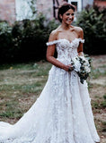 Off the Shoulder Long Flower A-line Tulle Appliques Wedding Dress