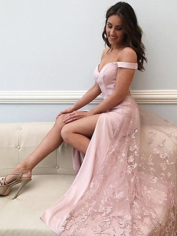 High Slit Sexy Off Shoulder Lace Pink Prom Dress