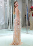 Tulle V-neck Neckline Floor-length Sheath/Column Prom Dresses With Beadings & Cotton