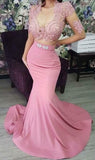Long Sleeve Appliques Two Piece Satin V-neck Prom Dress