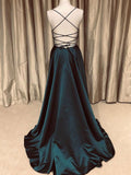 Satin Backless Dark Green A Line V Neck  Long Prom Dress