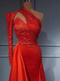 Sexy Red Cut Out One Shoulder Long Sleeves Satin Prom Formal Dress