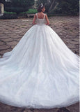 Sequin Tulle Scoop Ball Gown Wedding Dress With Lace Appliques