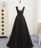 Black Round Neck Tulle Lace Long Prom Dress