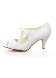 Embroidered Satin Upper Peep Toe Stiletto Heels Bridal Shoes With Ribbon Light Ivory