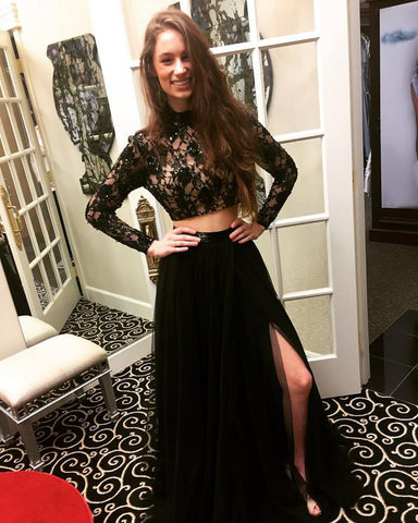 Black Lace Long Sleeve 2 Pieces Prom Dresses