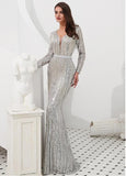 Sequin Lace V-neck Silver Long Mermaid Evening Dress