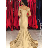 Trumpet/Mermaid Champagne Off-the-Shoulder Ruffles Satin Prom Dress