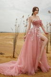 Off The Shoulder Blush Pink Tulle Appliques Ruched Prom Formal Dress
