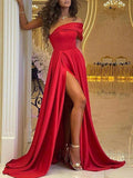 Satin A Line Red Formal Prom Dress With Slit