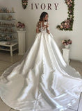 White Ball Gown Satin Long Sleeve Appliques Wedding Dress With Train