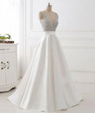 White V Neck Beads Sequin Long Prom Dress