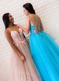 Cross Straps Back Long Blue Appliques A-Line V-neck tulle Prom Dress