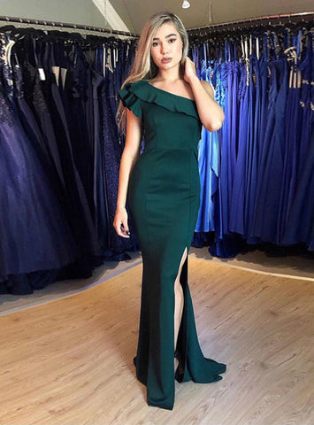Dark Green Mermaid Satin One Shoulder Prom Dress With Side Split